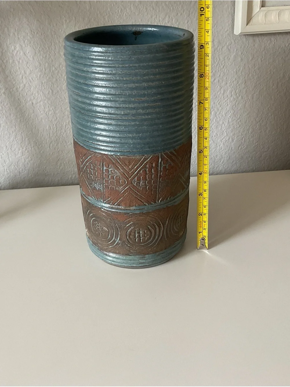 Textured Blue and Brown Decorative Ceramic Vase, made in Cameroon